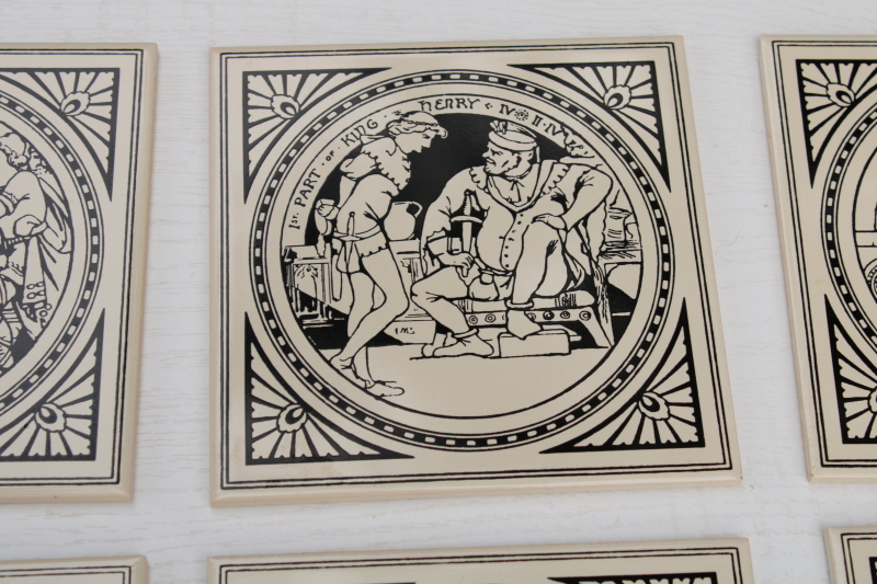 photo of vintage English ceramic tiles, reproduction antique Minton tile John Moyer Smith Shakespeare scenes black & white #2