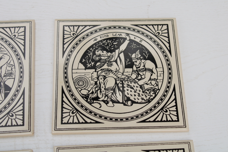 photo of vintage English ceramic tiles, reproduction antique Minton tile John Moyer Smith Shakespeare scenes black & white #3