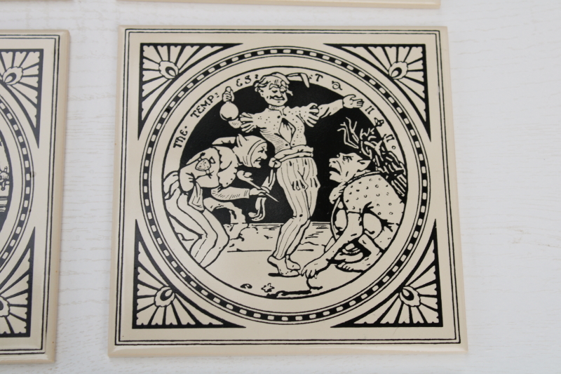 photo of vintage English ceramic tiles, reproduction antique Minton tile John Moyer Smith Shakespeare scenes black & white #4