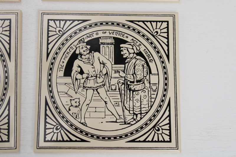 photo of vintage English ceramic tiles, reproduction antique Minton tile John Moyer Smith Shakespeare scenes black & white #5