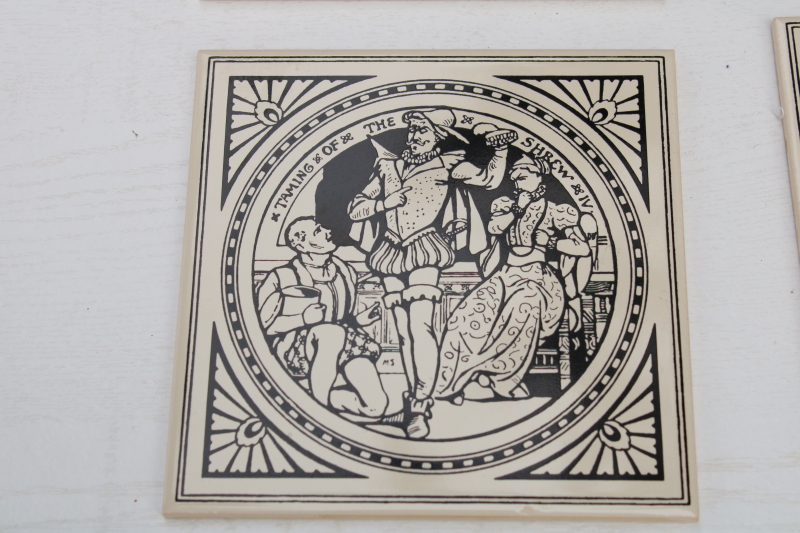 photo of vintage English ceramic tiles, reproduction antique Minton tile John Moyer Smith Shakespeare scenes black & white #9