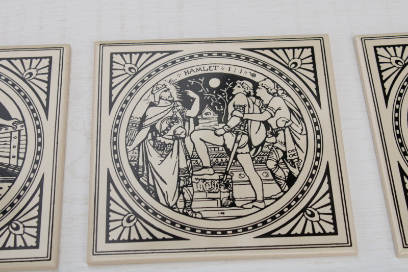 photo of vintage English ceramic tiles, reproduction antique Minton tile John Moyer Smith Shakespeare scenes black & white #12