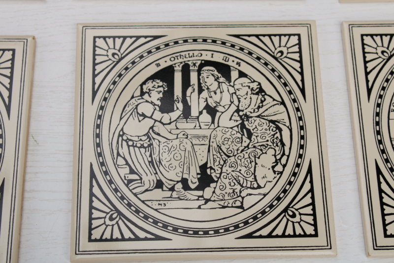 photo of vintage English ceramic tiles, reproduction antique Minton tile John Moyer Smith Shakespeare scenes black & white #13