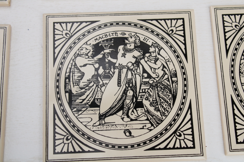 photo of vintage English ceramic tiles, reproduction antique Minton tile John Moyer Smith Shakespeare scenes black & white #14