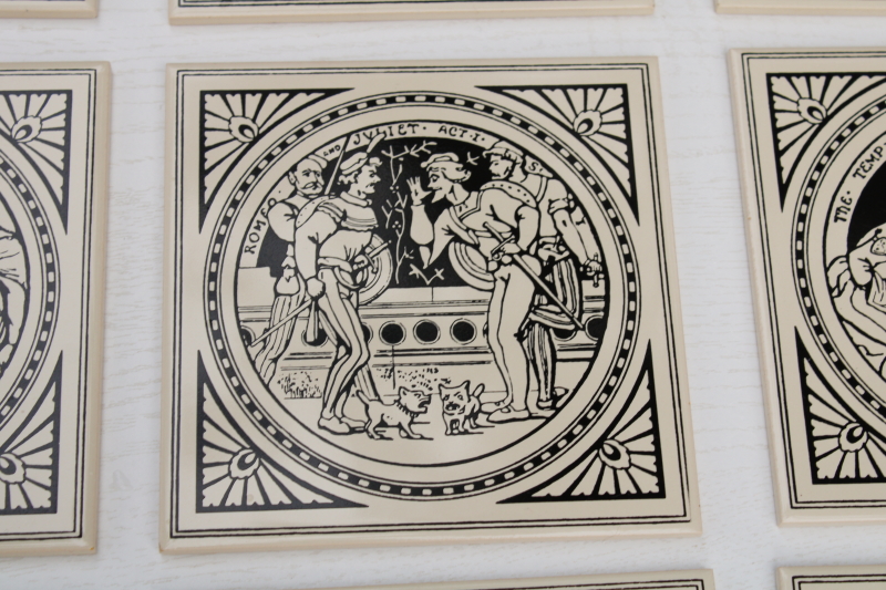 photo of vintage English ceramic tiles, reproduction antique Minton tile John Moyer Smith Shakespeare scenes black & white #16