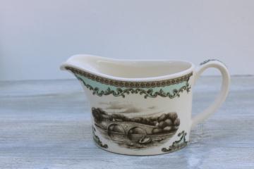 catalog photo of vintage English china creamer, old engraving bridge w/ swan scene, tiffany blue border