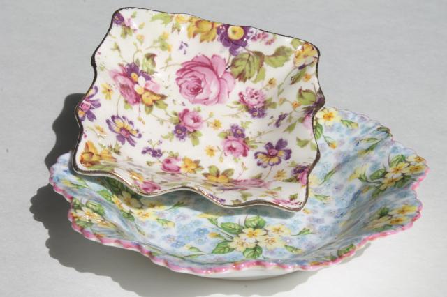 photo of vintage English chintz china pin dishes, Shelley Primrose, James Kent Rapture #1