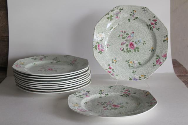 photo of vintage English chintz china plates, Winkle Whieldon Ware pheasant bird Wessex pattern #1