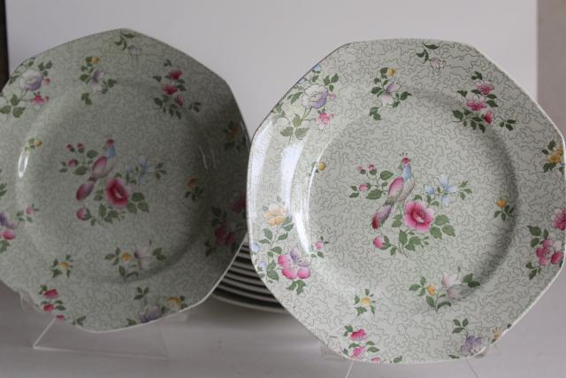 photo of vintage English chintz china plates, Winkle Whieldon Ware pheasant bird Wessex pattern #9