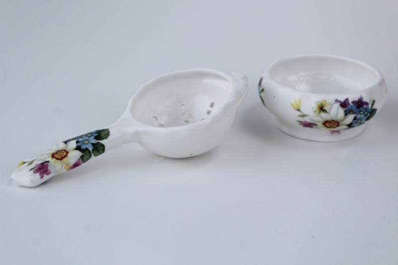 photo of vintage English chintz china tea strainer, St George fine bone china w/ flowers #2