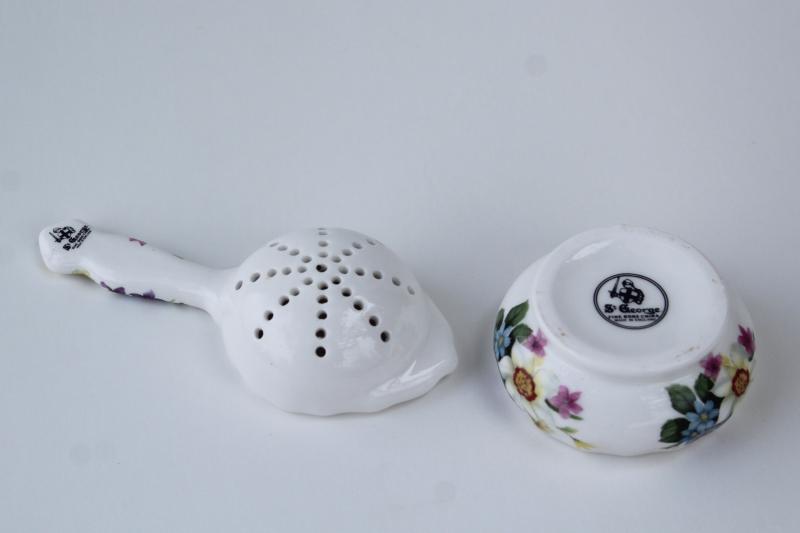 photo of vintage English chintz china tea strainer, St George fine bone china w/ flowers #3