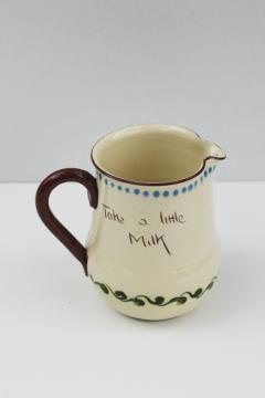 catalog photo of vintage English cottage motto ware pottery, milk jug creamer Torquay holiday souvenir