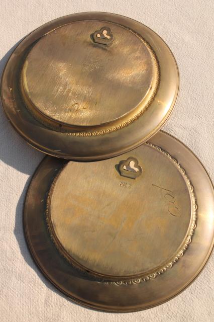 photo of vintage English country hunt scenes, brass wall plaques plate frames w/ color foil pictures #2