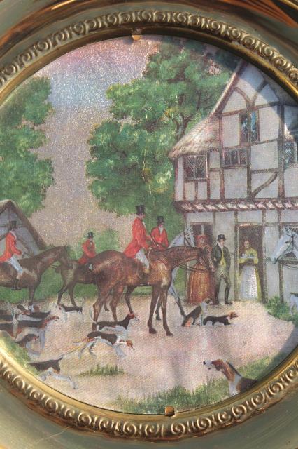photo of vintage English country hunt scenes, brass wall plaques plate frames w/ color foil pictures #5