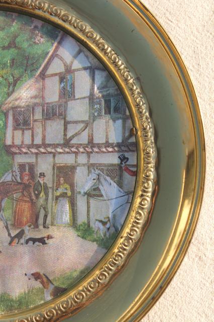 photo of vintage English country hunt scenes, brass wall plaques plate frames w/ color foil pictures #6