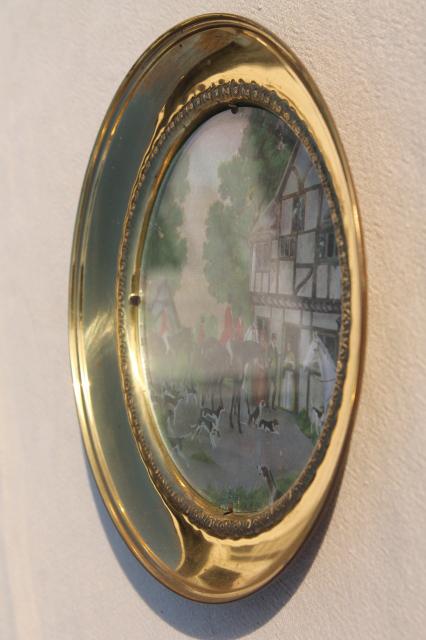photo of vintage English country hunt scenes, brass wall plaques plate frames w/ color foil pictures #7