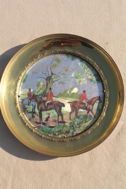 photo of vintage English country hunt scenes, brass wall plaques plate frames w/ color foil pictures #8