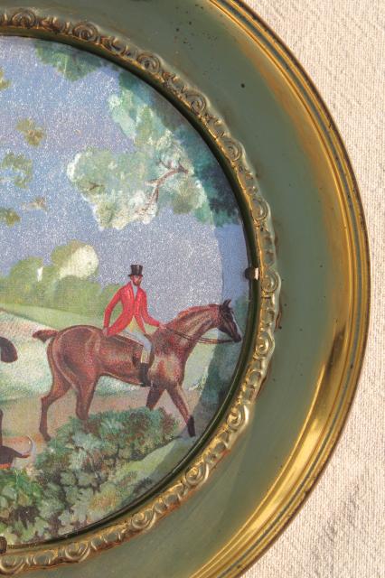 photo of vintage English country hunt scenes, brass wall plaques plate frames w/ color foil pictures #10