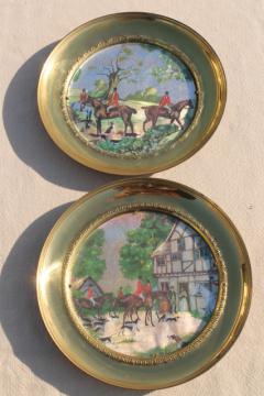 catalog photo of vintage English country hunt scenes, brass wall plaques plate frames w/ color foil pictures