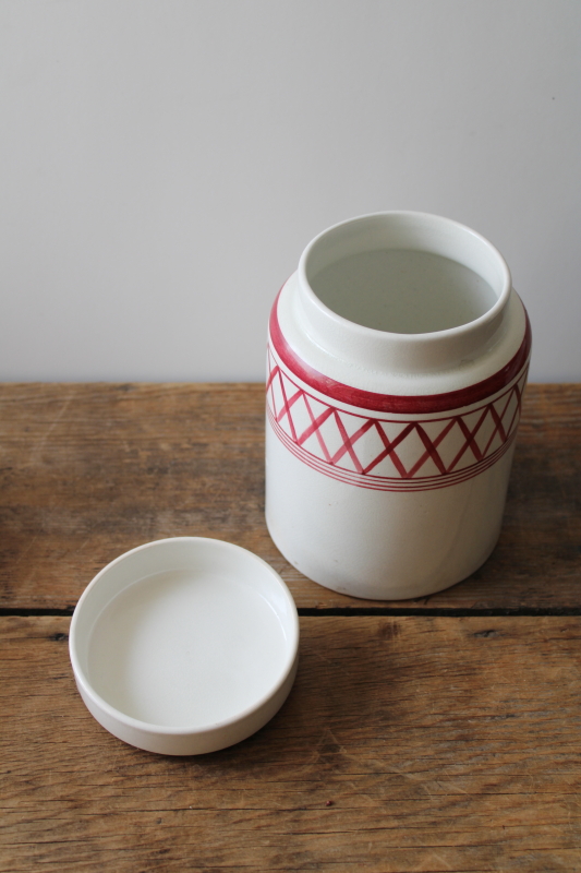 photo of vintage English crockery kitchen canister jar, barn red bands on cream pottery  #2