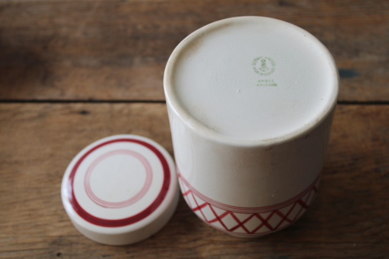 photo of vintage English crockery kitchen canister jar, barn red bands on cream pottery  #3