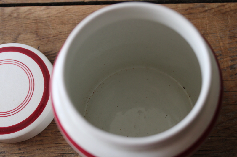 photo of vintage English crockery kitchen canister jar, barn red bands on cream pottery  #5