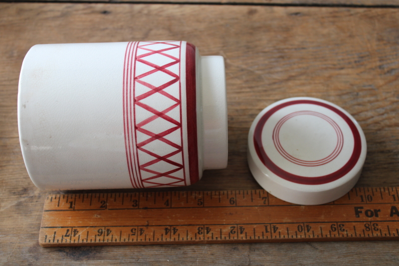 photo of vintage English crockery kitchen canister jar, barn red bands on cream pottery  #6