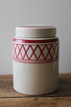 catalog photo of vintage English crockery kitchen canister jar, barn red bands on cream pottery 
