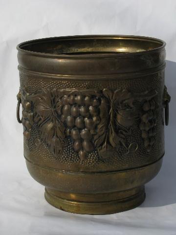 photo of vintage English embossed brass garden hose holder or large jardiniere planter #1