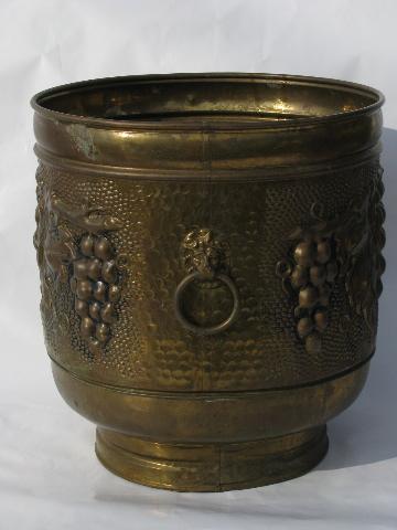 photo of vintage English embossed brass garden hose holder or large jardiniere planter #2