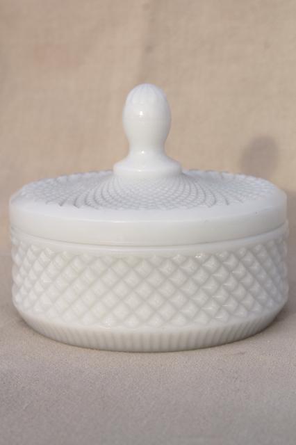 photo of vintage English hobnail pattern milk glass powder puff box or candy dish #1