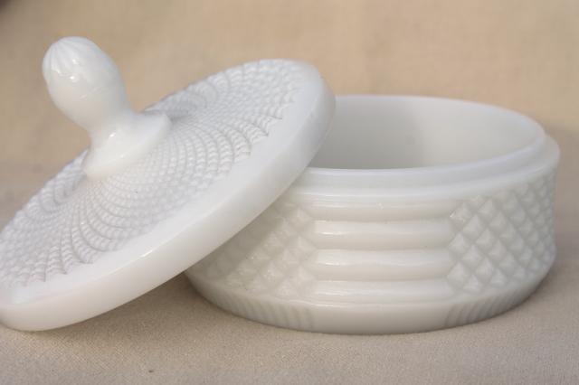 photo of vintage English hobnail pattern milk glass powder puff box or candy dish #2