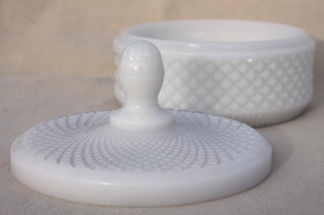 photo of vintage English hobnail pattern milk glass powder puff box or candy dish #4