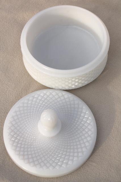 photo of vintage English hobnail pattern milk glass powder puff box or candy dish #5