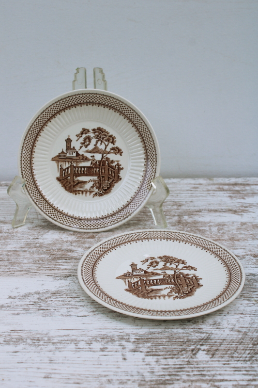 photo of vintage English ironstone china bread & butter plates, brown transferware Du Barry French country print #1