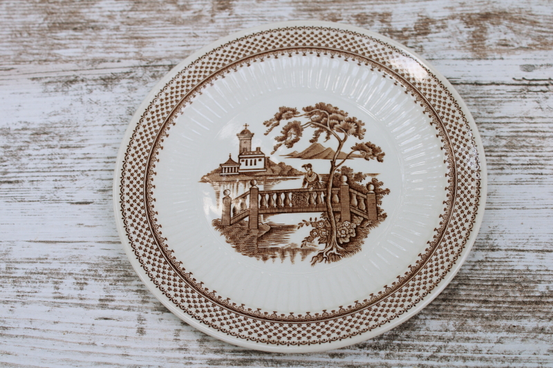 photo of vintage English ironstone china bread & butter plates, brown transferware Du Barry French country print  #2