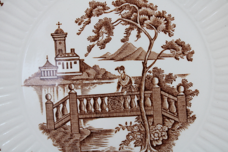 photo of vintage English ironstone china bread & butter plates, brown transferware Du Barry French country print  #3