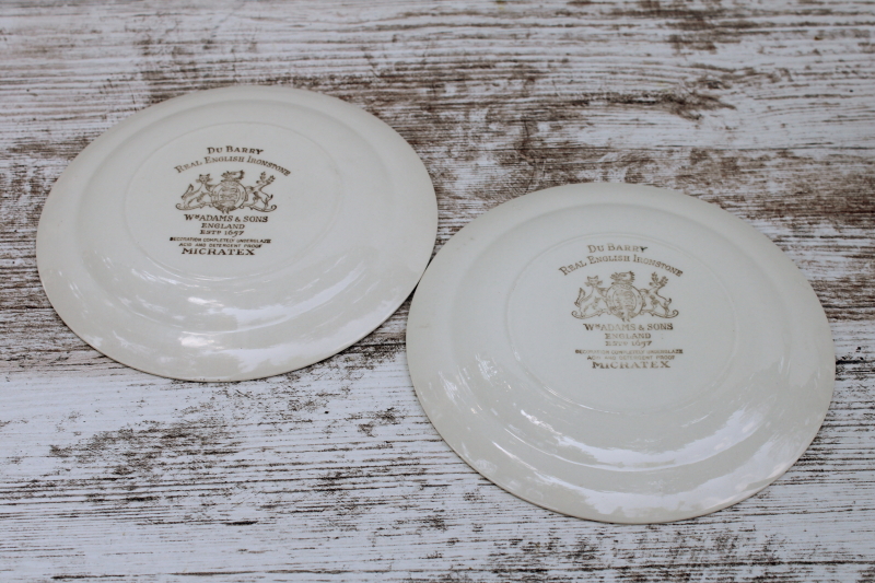 photo of vintage English ironstone china bread & butter plates, brown transferware Du Barry French country print  #5