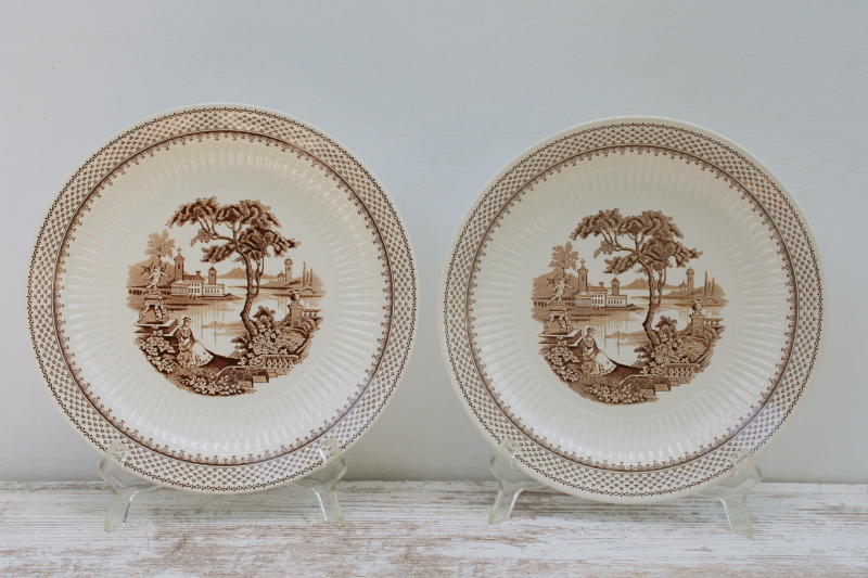 photo of vintage English ironstone china dinner plates, brown transferware Du Barry French country print  #1
