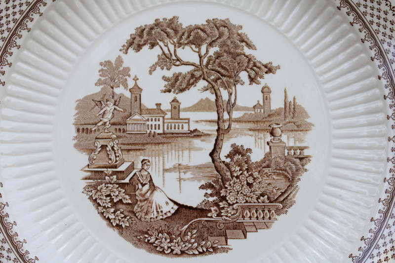 photo of vintage English ironstone china dinner plates, brown transferware Du Barry French country print  #5