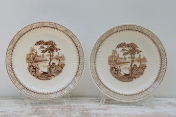 vintage English ironstone china dinner plates, brown transferware Du Barry French country print 
