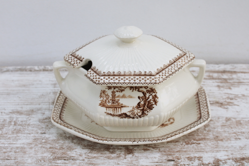 photo of vintage English ironstone china mini tureen gravy bowl w/ plate, Du Barry brown transferware print  #2