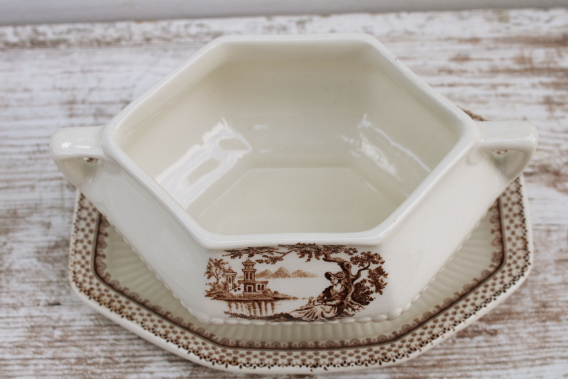 photo of vintage English ironstone china mini tureen gravy bowl w/ plate, Du Barry brown transferware print  #3