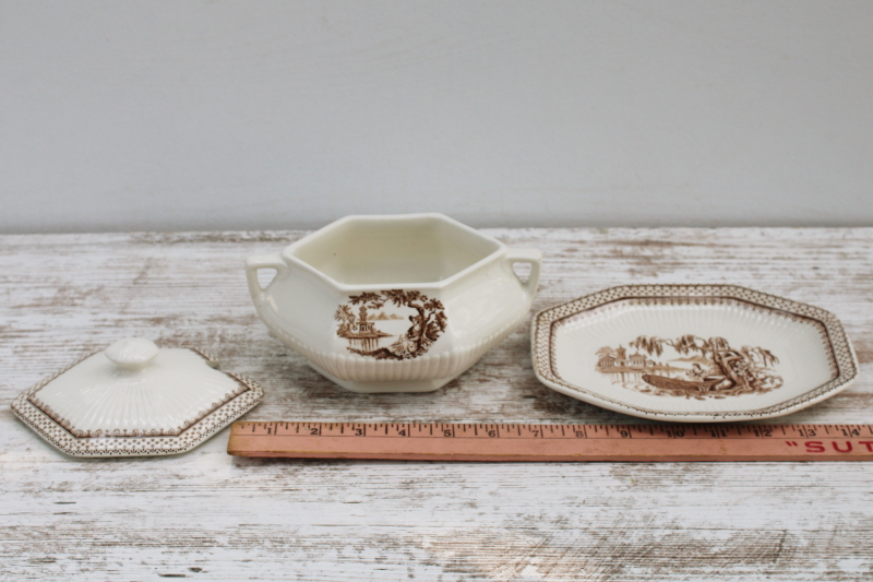 photo of vintage English ironstone china mini tureen gravy bowl w/ plate, Du Barry brown transferware print  #5