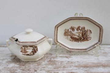vintage English ironstone china mini tureen gravy bowl w/ plate, Du Barry brown transferware print 