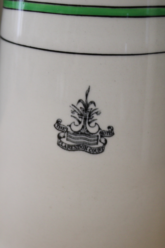 photo of vintage English ironstone china pitcher w/ crest The Clarendon Court Hotel London, green & black band #2