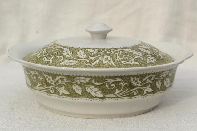 photo of vintage English ironstone covered serving bowl, Renaissance Meakin green transferware  #1