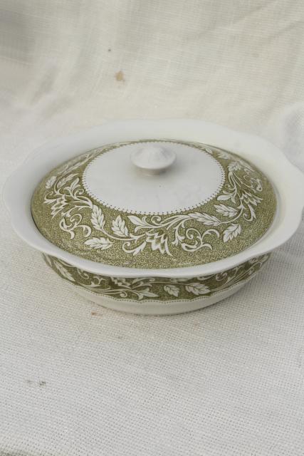 photo of vintage English ironstone covered serving bowl, Renaissance Meakin green transferware  #2