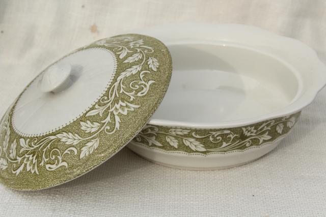 photo of vintage English ironstone covered serving bowl, Renaissance Meakin green transferware  #3