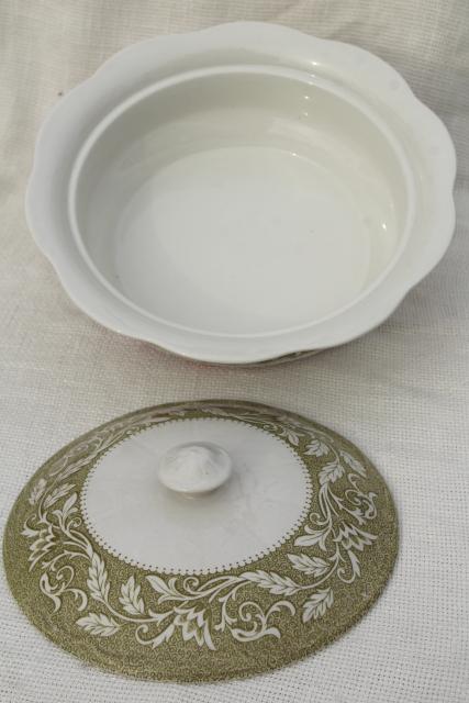 photo of vintage English ironstone covered serving bowl, Renaissance Meakin green transferware  #4